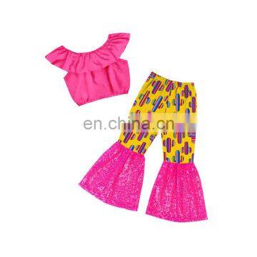 Bright hot pink sleeveless crop Top and cute cactus pattern glaring sequin bell bottom Baby Girl summer suit 2pcs