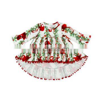 Hot selling baby girl fashion top dress printed floral Christmas style high-low top pompom dress baby clothes