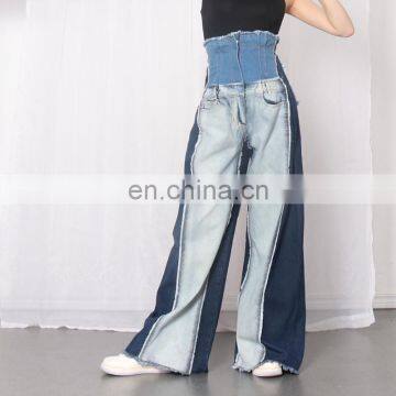 Denim Patchwork High Waist Pocket Hit Color Large Size Wide Leg Pants Female 2020 photo-5