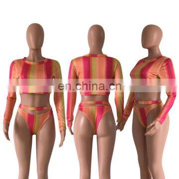 Long Sleeve Printed Stripe 2 Piece Crop Top High Waist Pantis Set Color Bikini Summer Beach Swimwear For Women