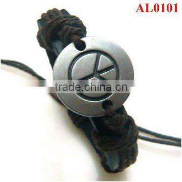 Exotic Jewelry in Wax Cord, Genuine Leather Bracelet With Round Metals in Peace Logo AL0101
