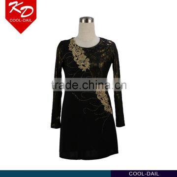 Latest fashion net design gold thread flower beaded long sleeve women dress