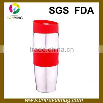 16oz best double wall SS vacuum travel coffee mug with silicone band BPA Free
