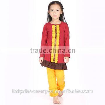 2015 baby girls long sleeve burgundy mustard ruffle top and pants set,giggle moon remake outfits