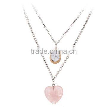 Wholesale fashion girs jewelry heart shaped stone pendant double chain necklace