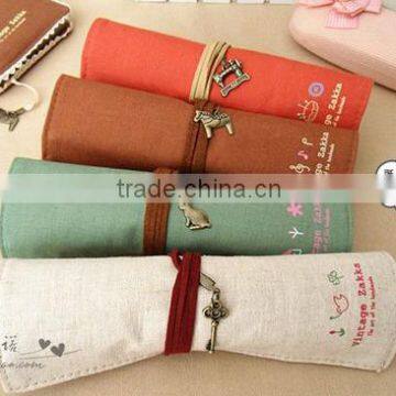 Retro style roll up school pencil bag/pencil case with rope