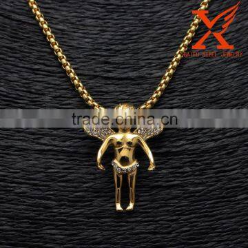 Hip-Hop Mens 14k Gold Plated Stainless Steel Lab Wings Angel Pendant Charm