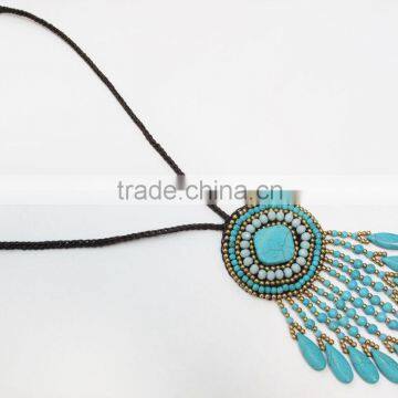 Blue How lite with natural stone wax cotton thread necklace, stone necklace WT9