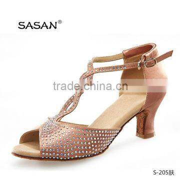 Open Toe T Strap White Crystal Woman Salsa Dance Shoes Low Thick Heel S-205