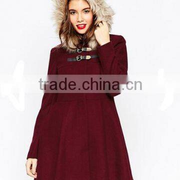 Guangzhou Women Clothing Manufacturer 2015 Winter Burgundy Wool Coats with Faux fur hoody