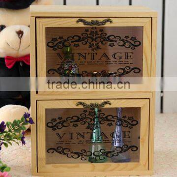 Glass door wooden container jewelry storage box cabinet with two drawers