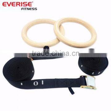 Wooden gymnastic rings with gym wrist straps and adjustable strap buckle for crossfit