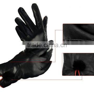 Women's Genuine Sheepskin Leather Winter Warm Simple Fashion Style Lined Gloves With Mink Fur Ball photo-6