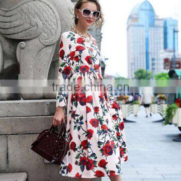 Women Long Sleeve Floral Print Elastic Waist Midi Autumn Dress