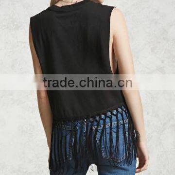 2017 Women Fashion Tank Top Ptinted Front Tassel Details Black Cool Tops for Women photo-2