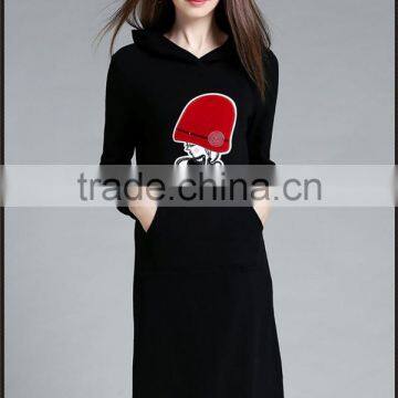 Long Sleeve Hooded Black Fleece Dress Long Hoodie photo-6