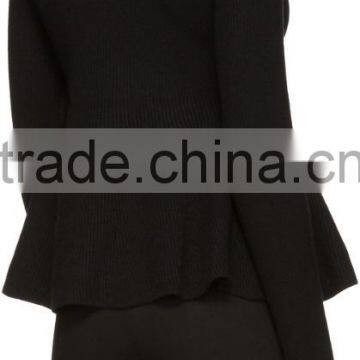 High Quality Women Plain Black Long Sleeve Rib Knit Pullover With Peplum Hem photo-3