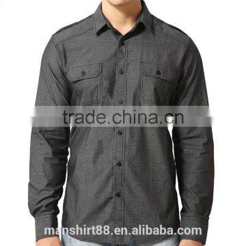 Mens Grey Twill Chambray Long Sleeve Button Casual Dress Shirts Classic Fit