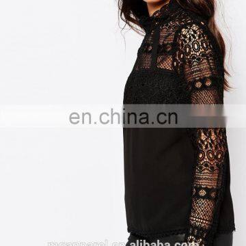 100% Polyester Lace Mock Neck Blouse for Ladies photo-5