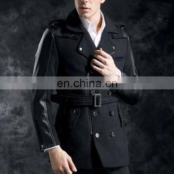 Fashionable Designer Leather Sleeve Mens Double Breasted Wool Peacoat With Belt