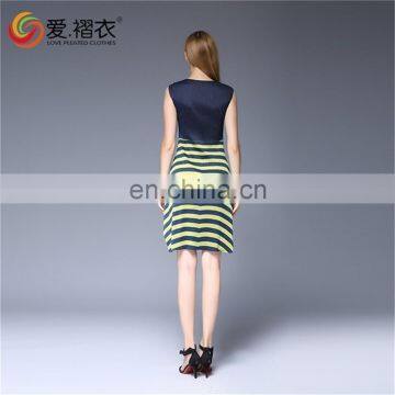 Cheap Fashion Women Clothing Side Slip Sweet Short Pleated Jiont Stripe Dress Slit up Dress photo-5