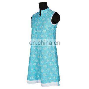 BLUE WHITE LEAVE PRINT HIGH COLOR SHORT ANARKALI DRESS FOR CUTE GIRL photo-2