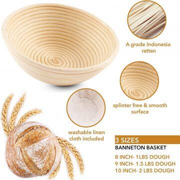 Pure Handmade Rattan Banneton Bread Proofing Fermentation Basket with Cloth Cover