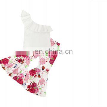 Flutter sleeve ruffle icing top and ruffle bell bottom pants printing flower set Wholesale girl boutique clothing set