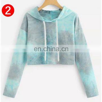 Purple Tie Dye Printing Short Hoodies Sweatshirt Women Casual Drawstring Thin Pullover Autumn Female Girl Long Sleeve Tops photo-3