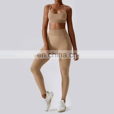 2 Pcs Seamless Cross Backless Sports Bras Sets Custom Logo High Waist Yoga Leggings photo-4