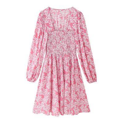 2025 new spring/summer women's printed long sleeved square neck floral dress