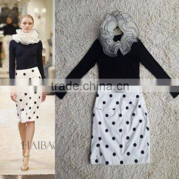 Hot Selling 2014 Newest Elegant Black Long Sleeve Slim Tops+dot Printed Pakage Hip Skirt Designer Inspired Dress With Puff Neck