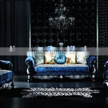 Royal blue velvet black frame silver carving sofa set A10113