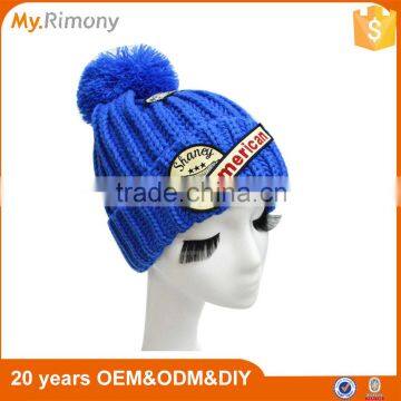 2016 applique American logo knitted cuff hat with pom pom