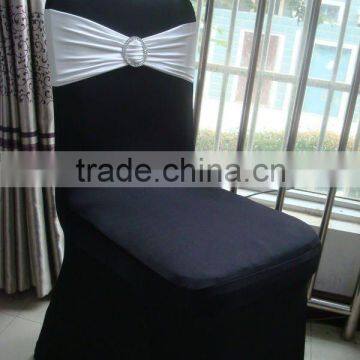 Black spandex chair cover with white spandex band for weddings