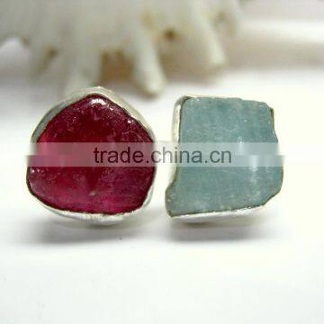 Ruby & Aquamarine Rough Natural Gemstones Rings, Matt Finish Adjustable Rings, 925 Solid Sterling Silver Rings
