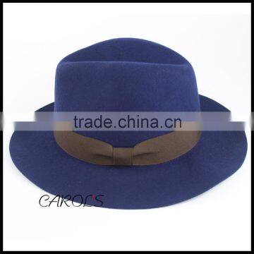 Hot Sale wool felt outdoor navy blue trilby hat with coffee ribbon