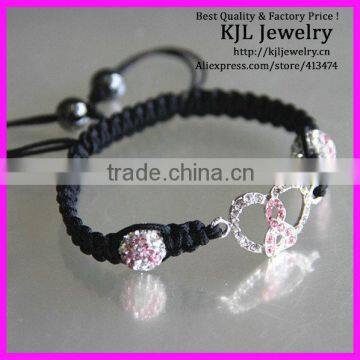 GZKJL-BL0106 black cords shamballa bracelet,pink breast cancer bracelet,ribbon bead bracelet