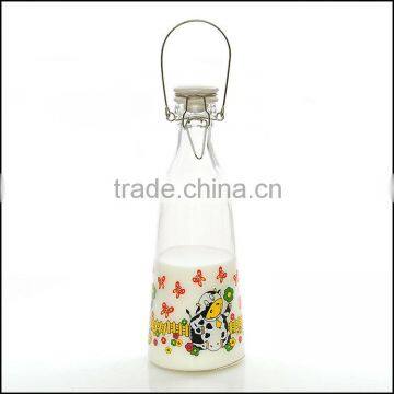 Cute Cow Pattern Glass Milk Bottle With Ceramic Lid