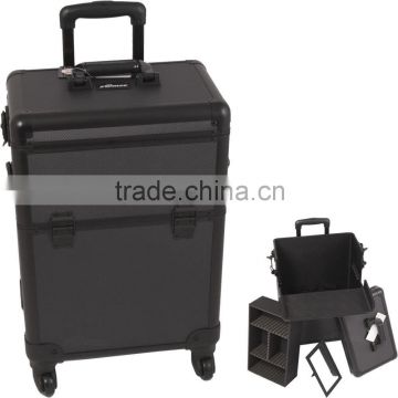 Black Texture Professional Aluminum Rolling Cosmetic Case Makeup 4-Wheel Trolley