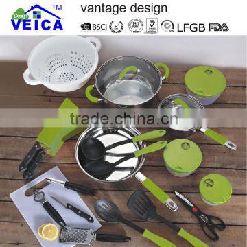 24pcs stainless steel with silicone handle kitchen set/home kitchen pan sets