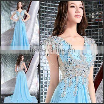 Formal Evening Gowns Dresses Sexy V-neck Pleated Applique Beaded Sequin Luxury Evening Party Dresses 2016 Custom Made ML156