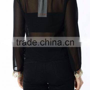 Woman Fancy Tops and Blouses Latest Design Transparent Casual Tops Black With Beads photo-3