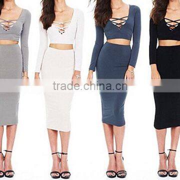 Pictures of Long Skirts and Tops for Sexy Womens 2Pcs Crop Top Midi Skirt Stretch Party Bandage Dresses photo-2
