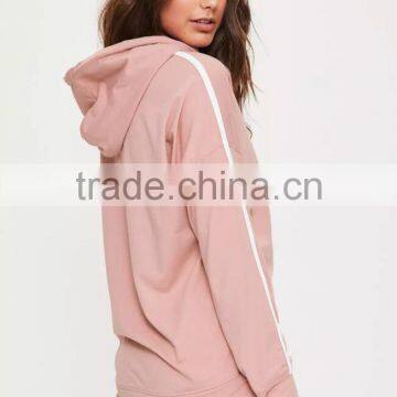 Hot Sale Pink Stripe Hoodies Drop Shoulder Custom Color 100% Cotton And Piping Running Short Pyjamas Set photo-3