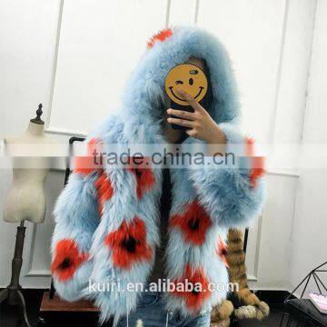 Brand Design Fox Fur Knited Woman Real Colorful Fox Jacket Long Sleeves With Hoood