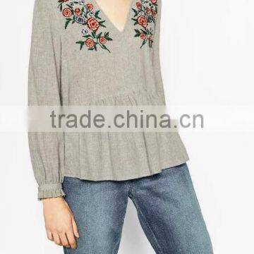 Runwaylover EY2365B New Fashion 2017 Ladies Deep V-Neck Embroidery Blouse photo-3