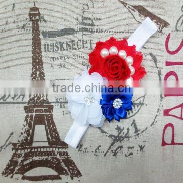 Newest Boutique Frayed Flowers Headband Wholesale, Patriotic Headband Pearl photo-2
