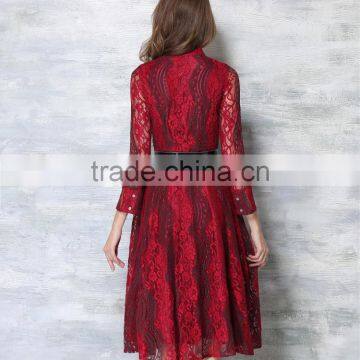 Women Hihg Quality Lace Hollow Out Contrast Color Dress Casual Full Sleeve Women's Long Dresses