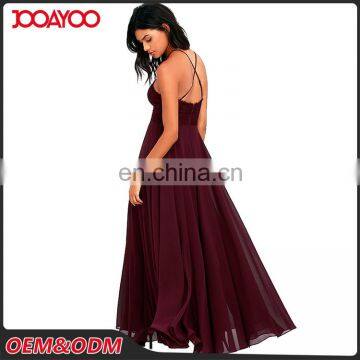 Elegant Strap Lace Bodice Burgundy Maxi Chiffon Lady Dresses Women's Wholesale Long Evening Dress photo-3